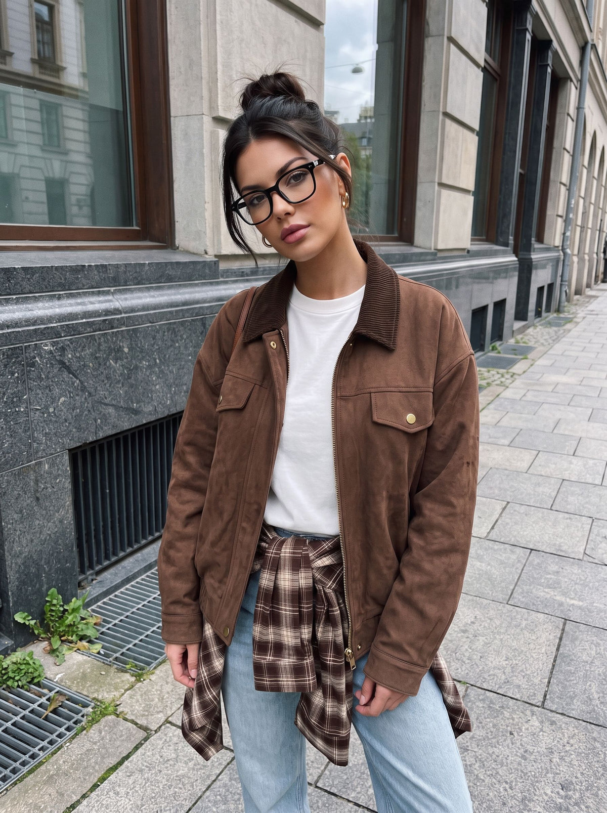 Brown Suede Ribbed Collar Jacket