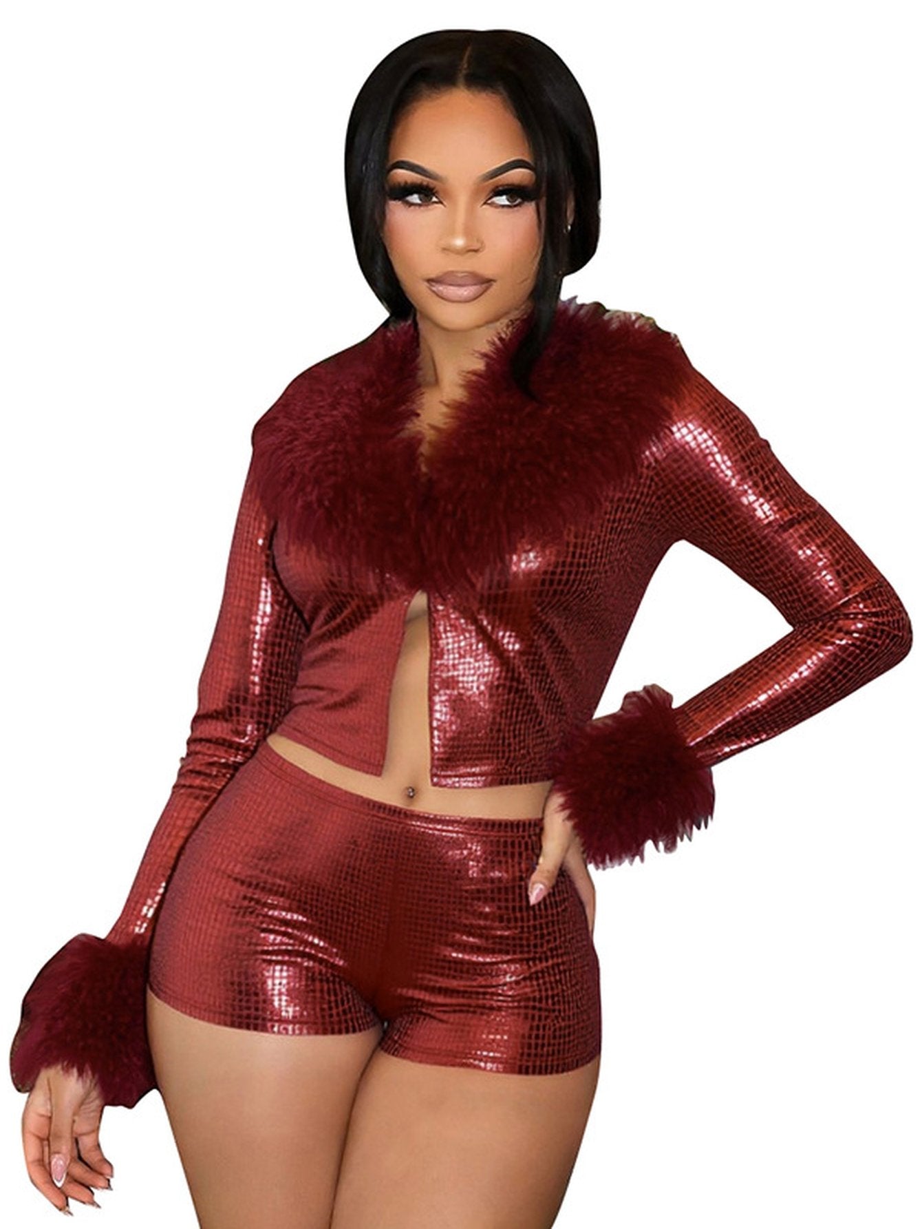 Faux Fur Metallic Short Set