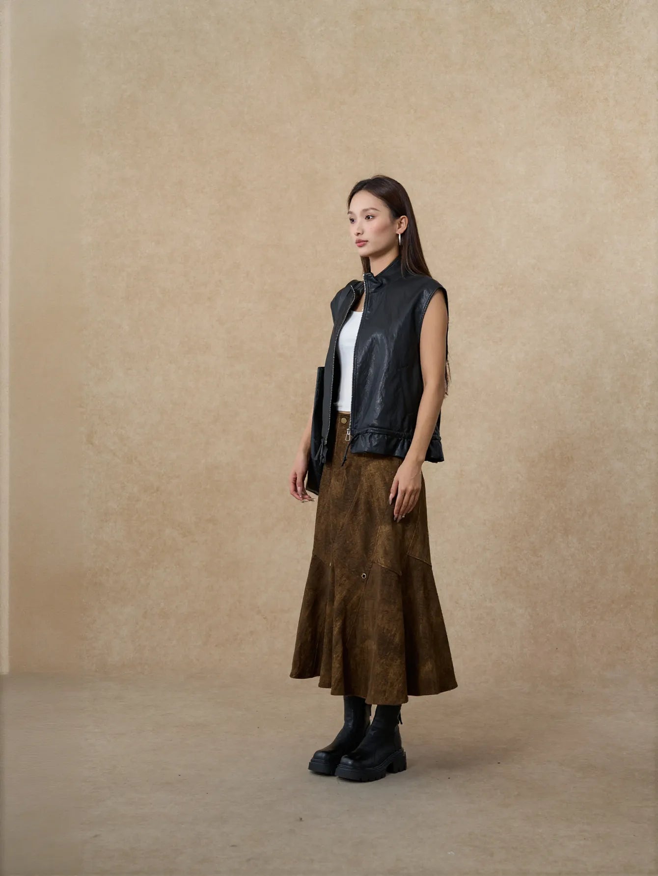 Vintage Distressed Faux Suede Midi Skirt