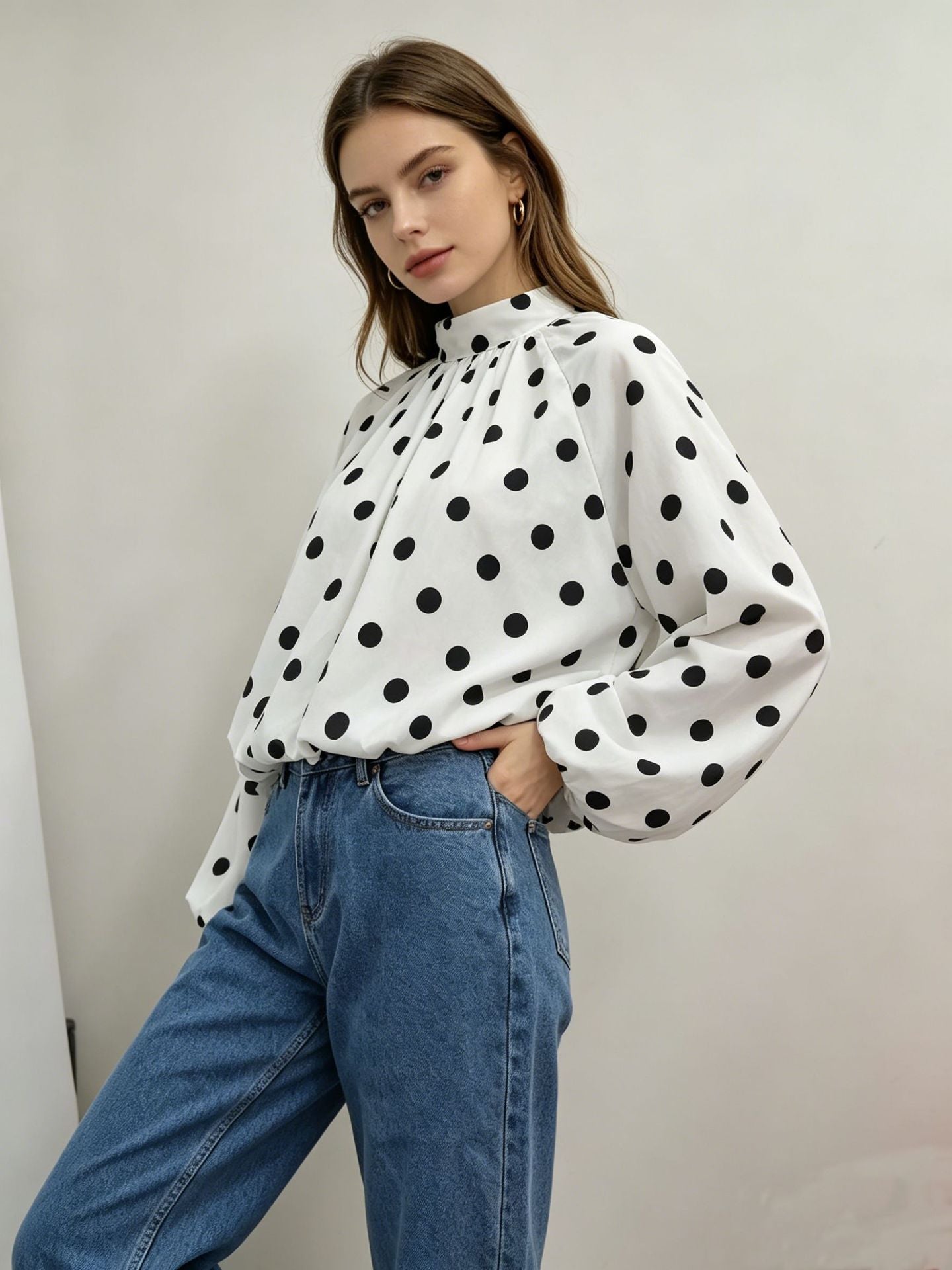 Polka Dot Balloon Sleeve Chiffon Blouse