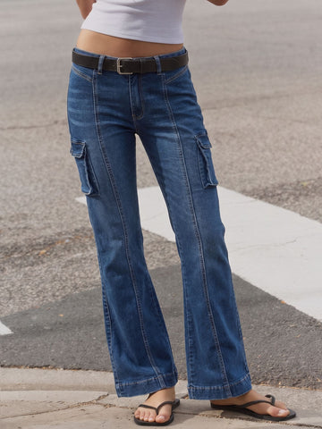 High Rise Seamed Cargo Flare Jeans