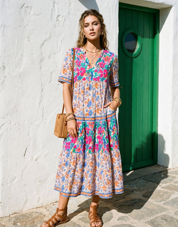 Floral Print V Neck Midi Dress