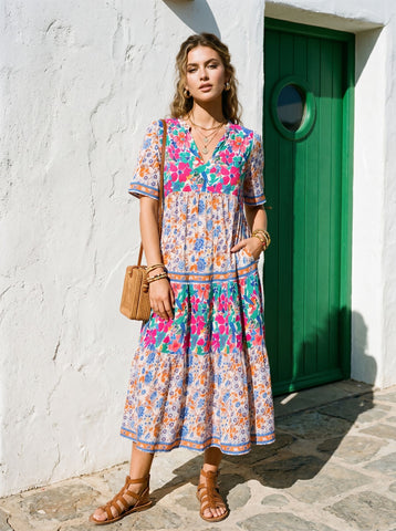 Floral Print V Neck Midi Dress