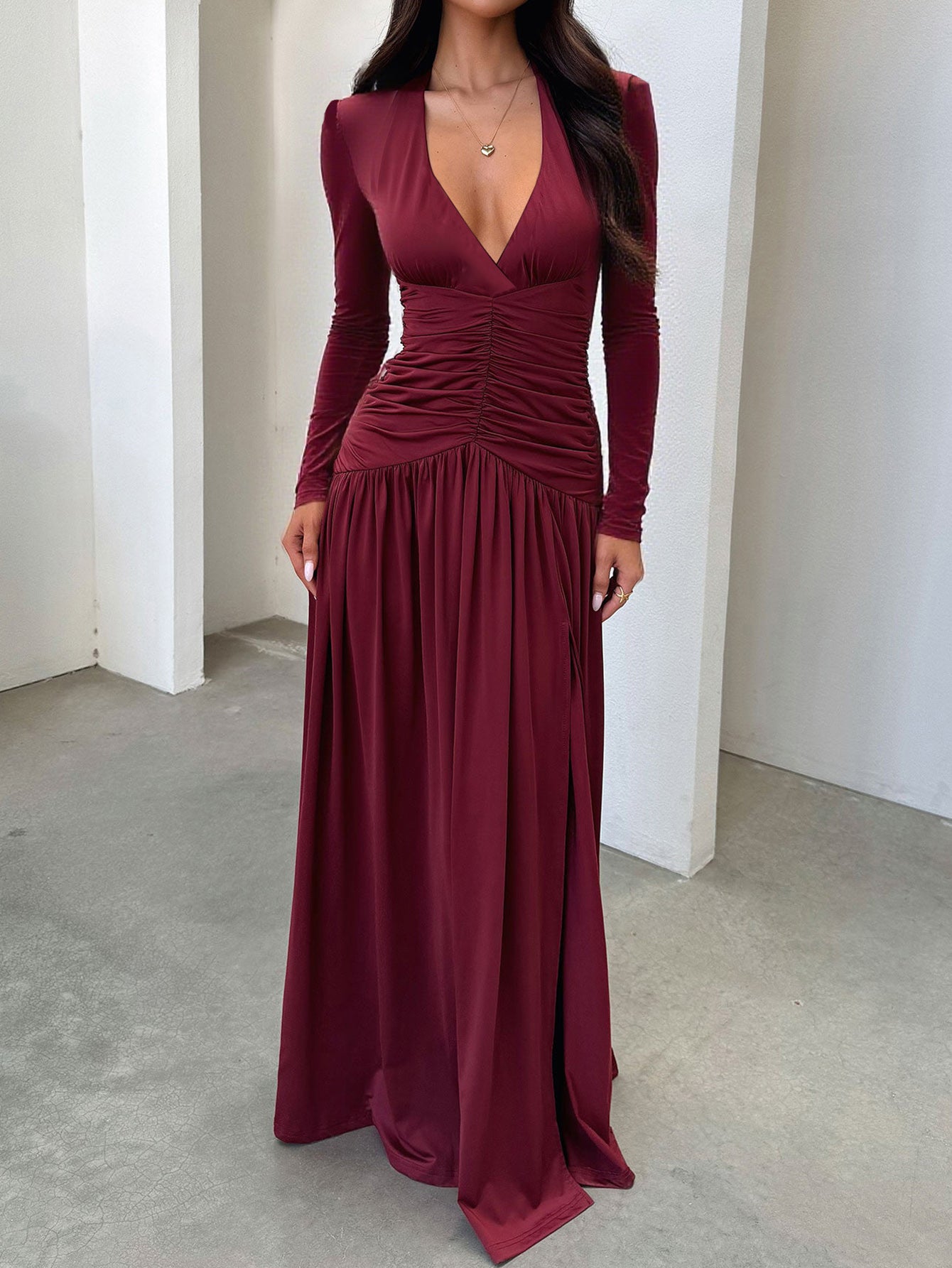 Long-Sleeve Shirred-Bodice Deep-V Elegance Maxi Dress-Multicolor
