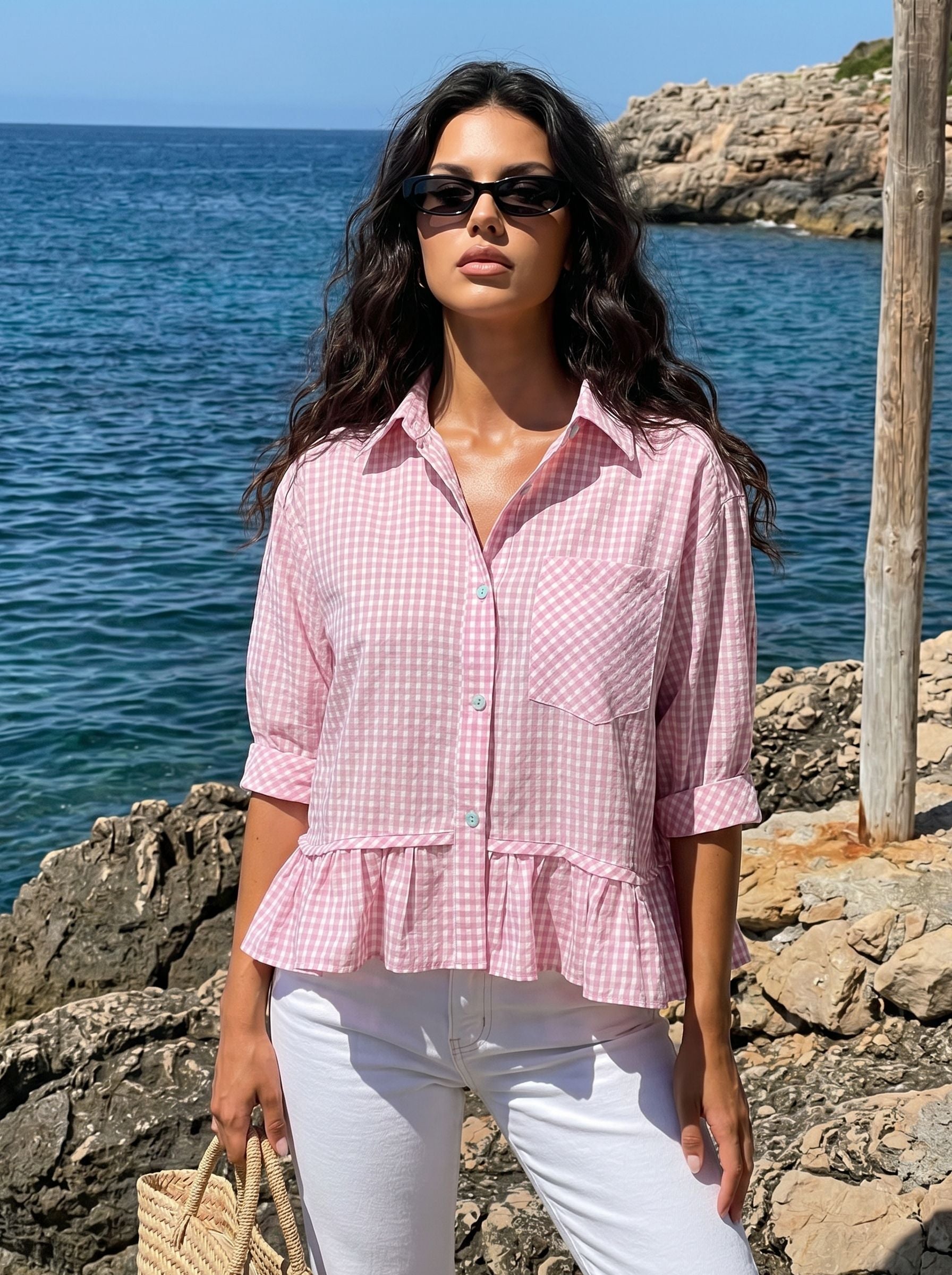 Pink Gingham Peplum Button Down Shirt
