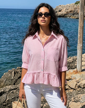 Pink Gingham Peplum Button Down Shirt
