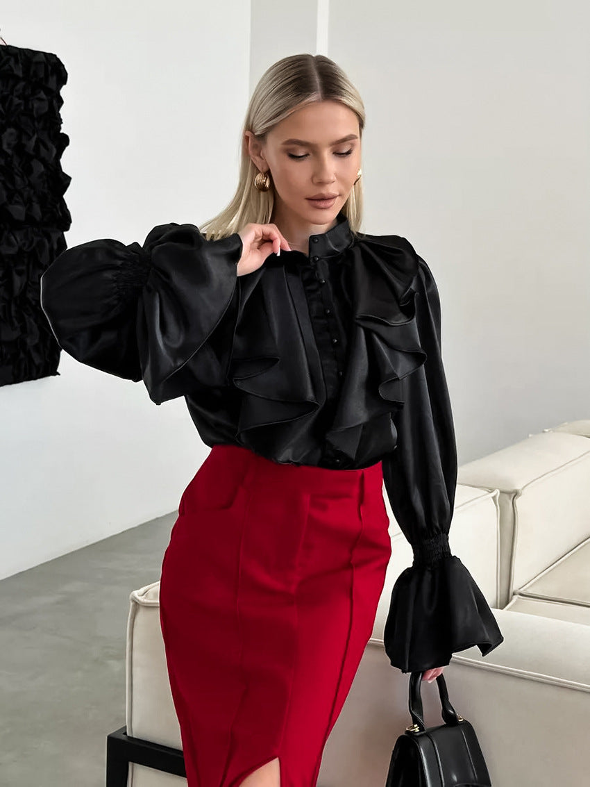 Ruffled Satin Button Down Blouse