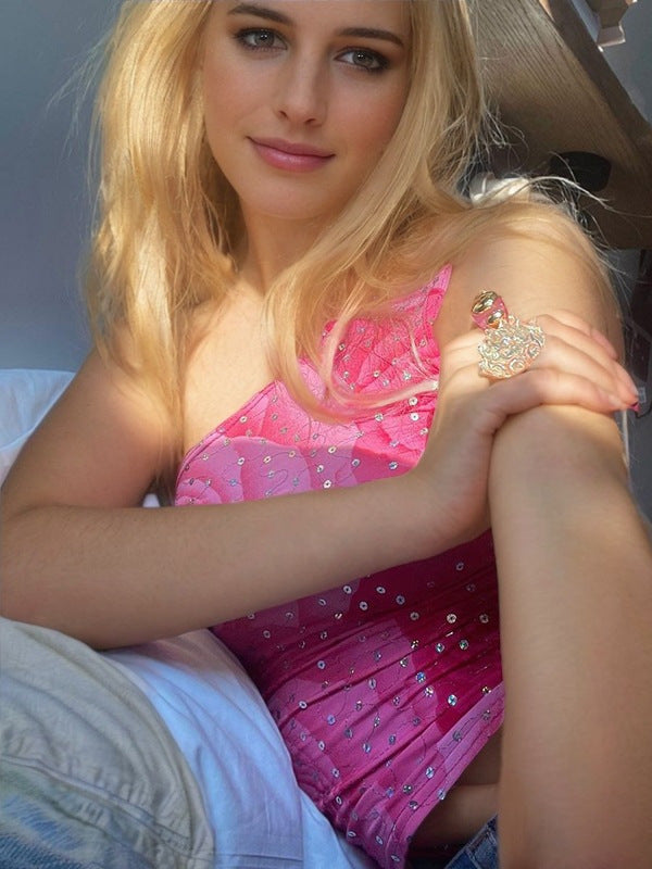 Rose Print Sequin One-Shoulder Cropped Camisole-Fuchsia