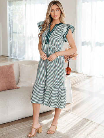 Striped Ruffle Sleeve Midi Dress