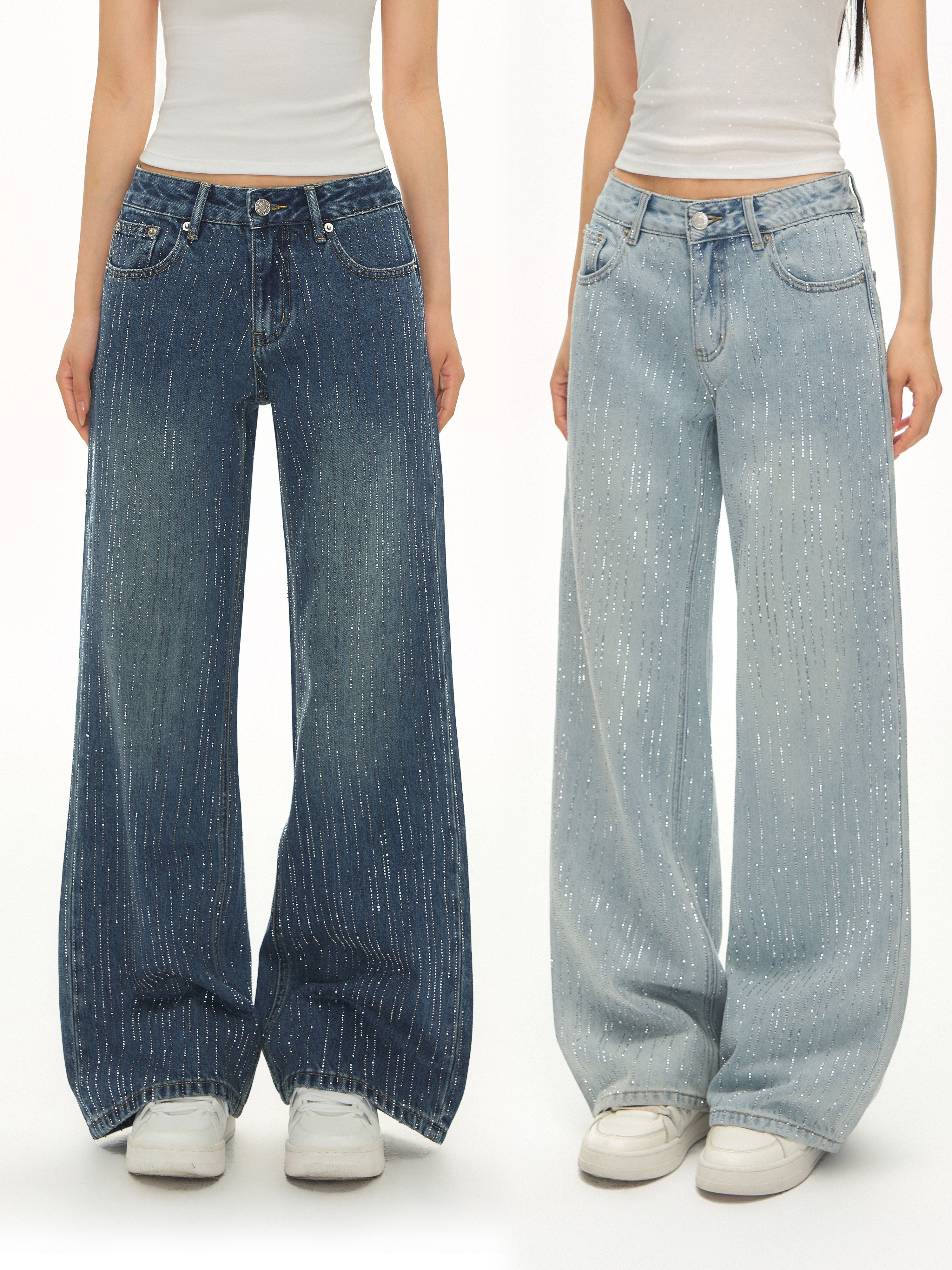 Sparkly Rhinestone High Waisted Wide Leg Jeans