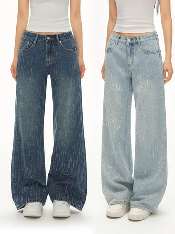 Sparkly Rhinestone High Waisted Wide Leg Jeans