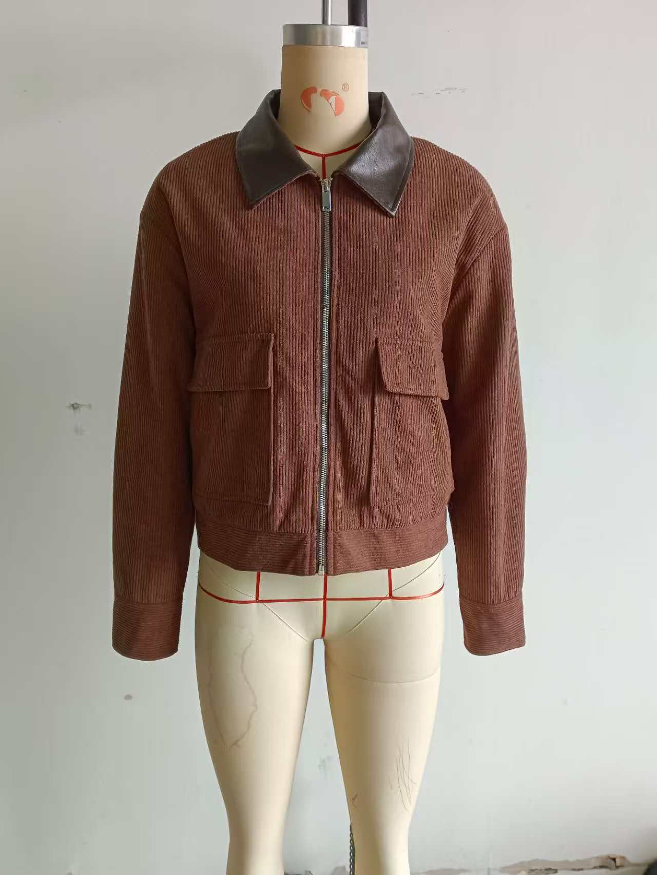 Contrast Collar Corduroy Zip Jacket