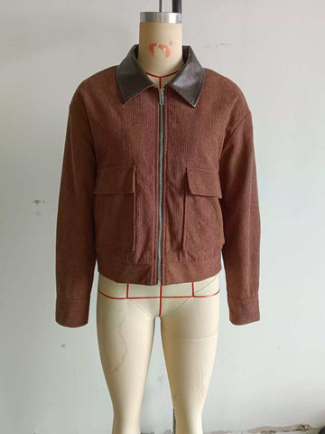 Contrast Collar Corduroy Zip Jacket
