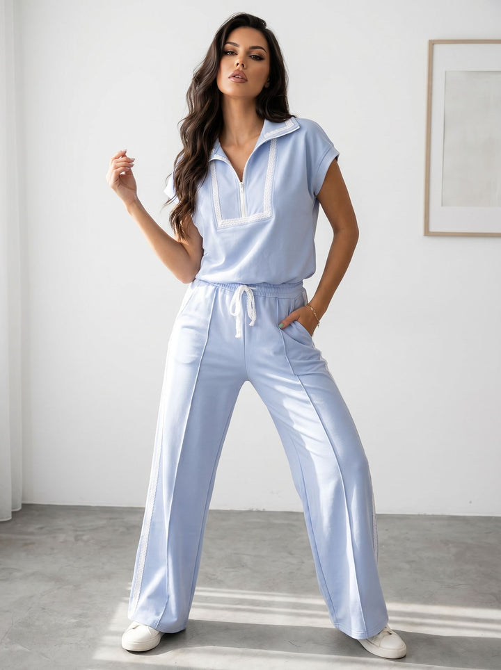 Lace Trim Zip Up Pant Set