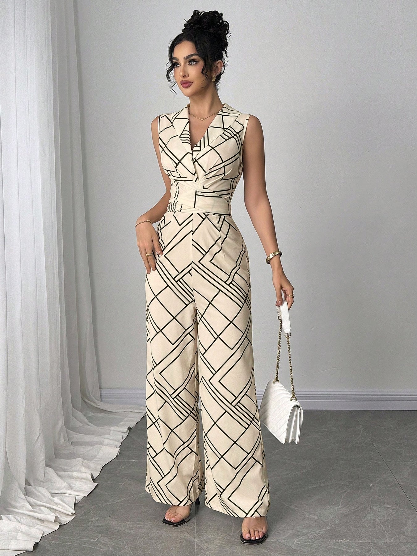 Blazer-Collar Wide-Leg Office Chic Jumpsuit-Apricot