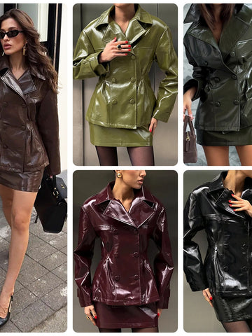 Glossy Faux Leather Skirt Set