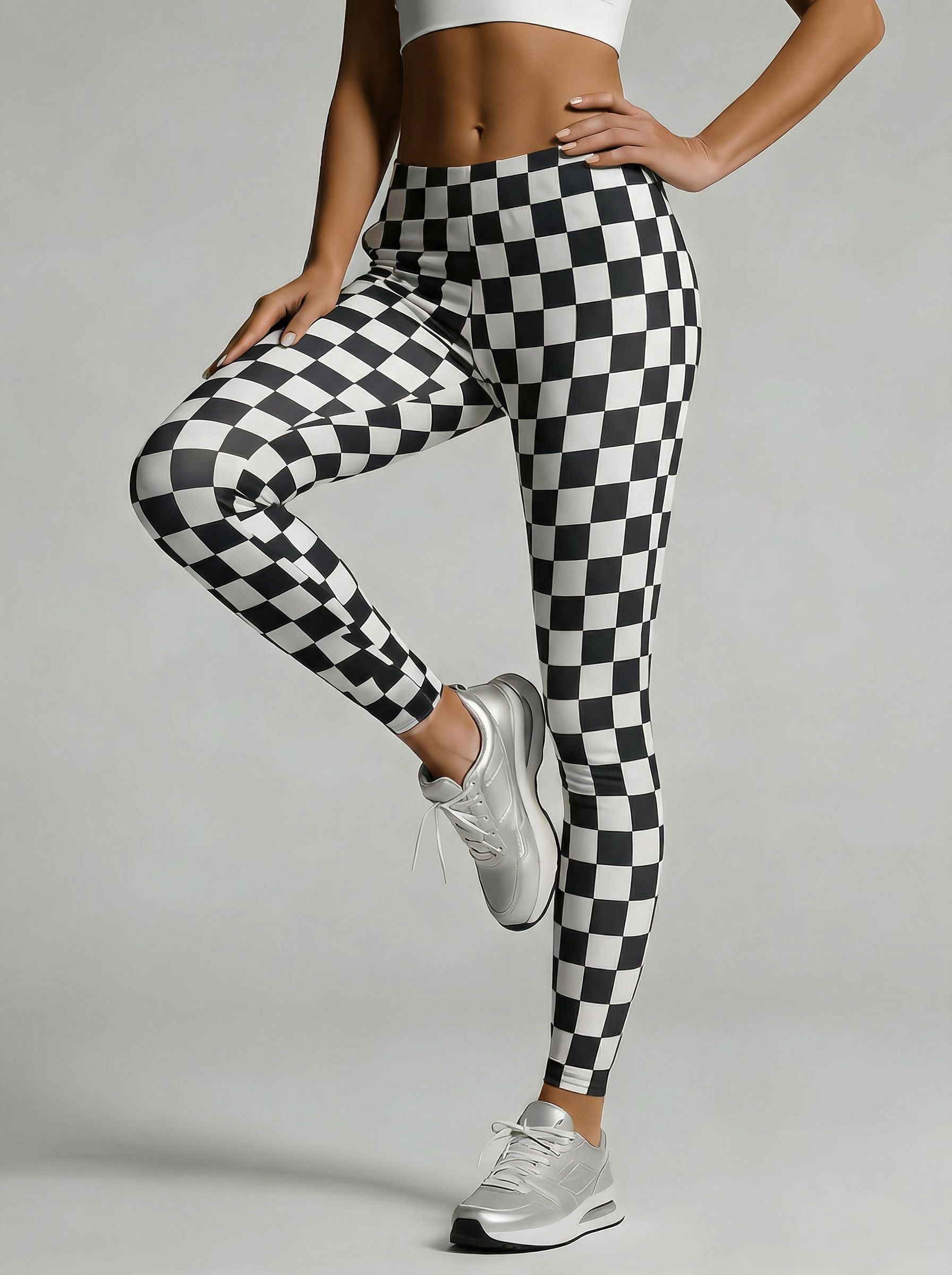 High-Waisted Checkered Yoga Pants-Black