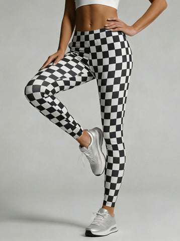 High-Waisted Checkered Yoga Pants-Black