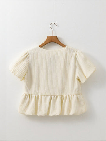 Bow Tie Puff Sleeve Peplum Blouse