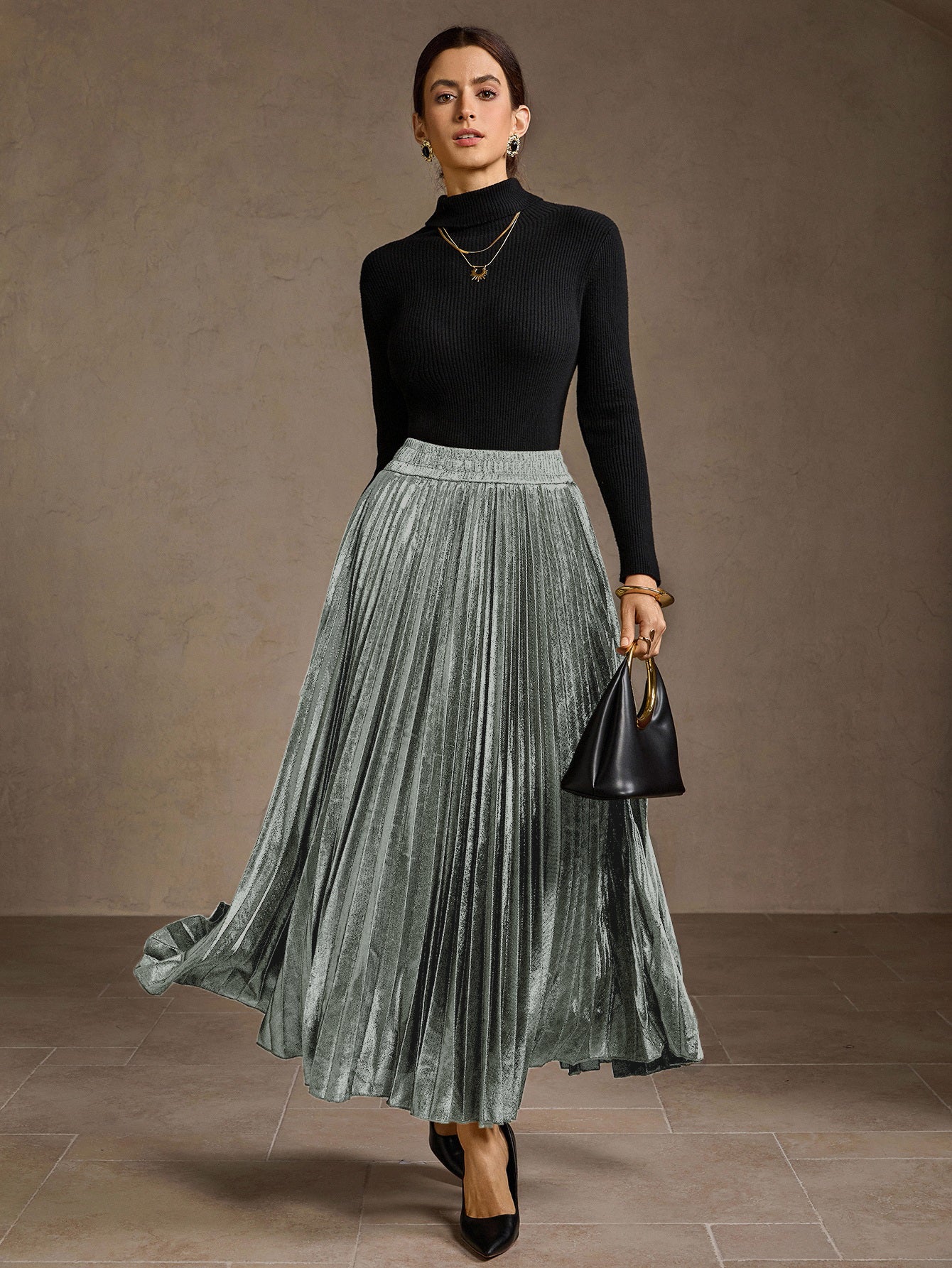 Metallic Pleated High Waisted Midi Skirt