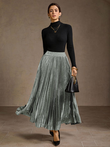 Metallic Pleated High Waisted Midi Skirt