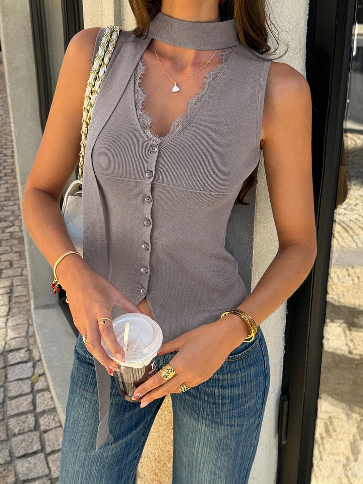 Lace Trim Choker Knit Vest
