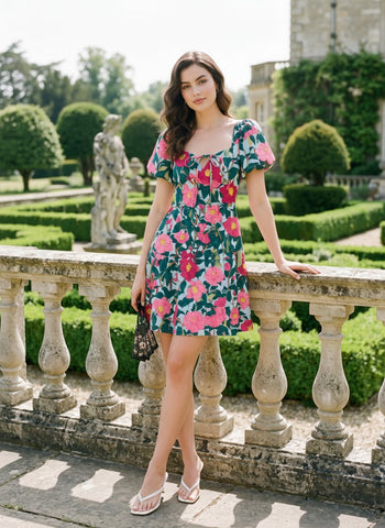 Floral Print Puff Sleeve Tiered Mini Dress