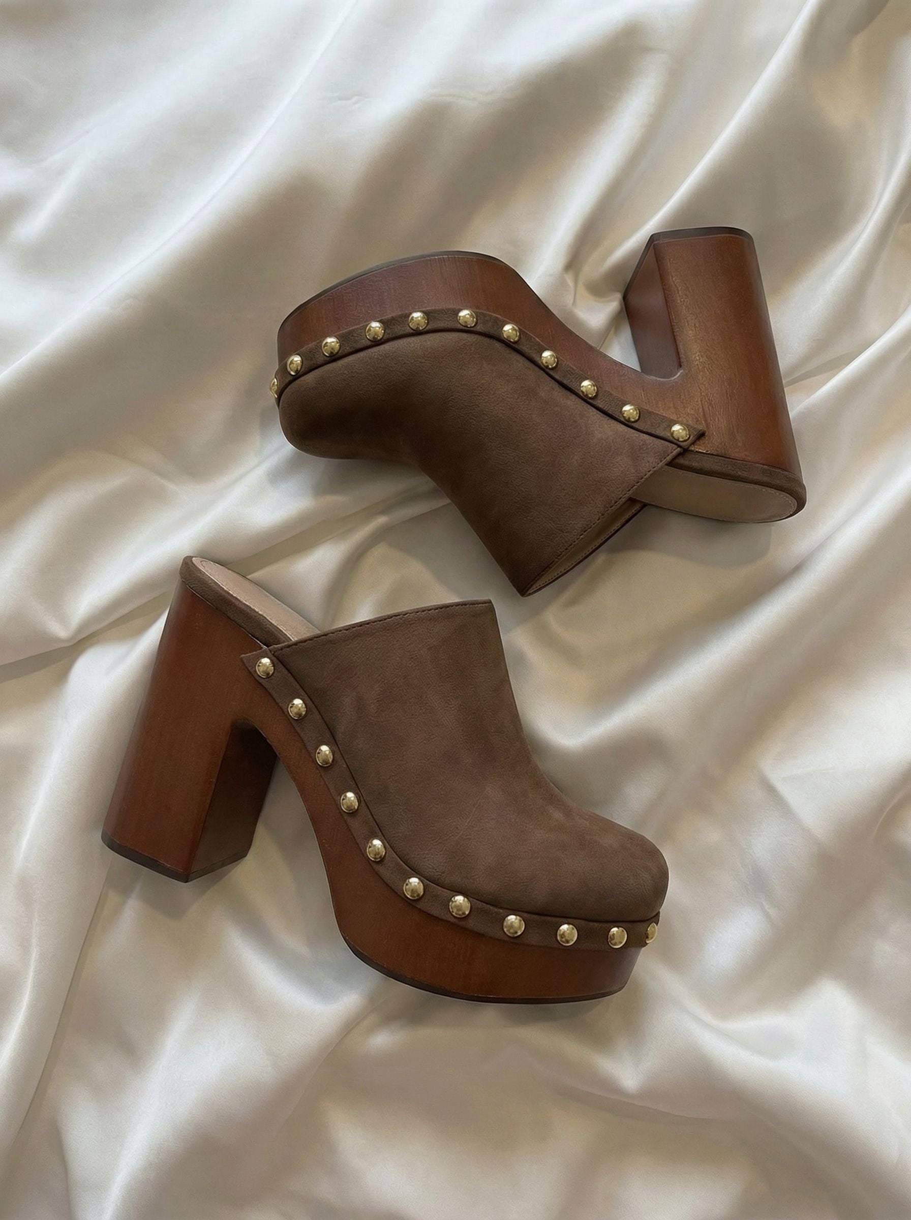 Wooden Heel Studded Edgy Heels