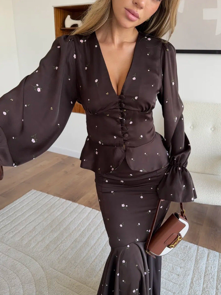 Floral Satin Peplum Skirt Set