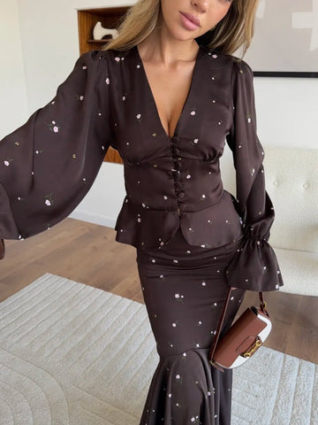 Floral Satin Peplum Skirt Set