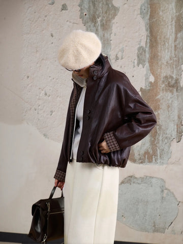 Plaid Trim Oversized Faux Leather Jacket