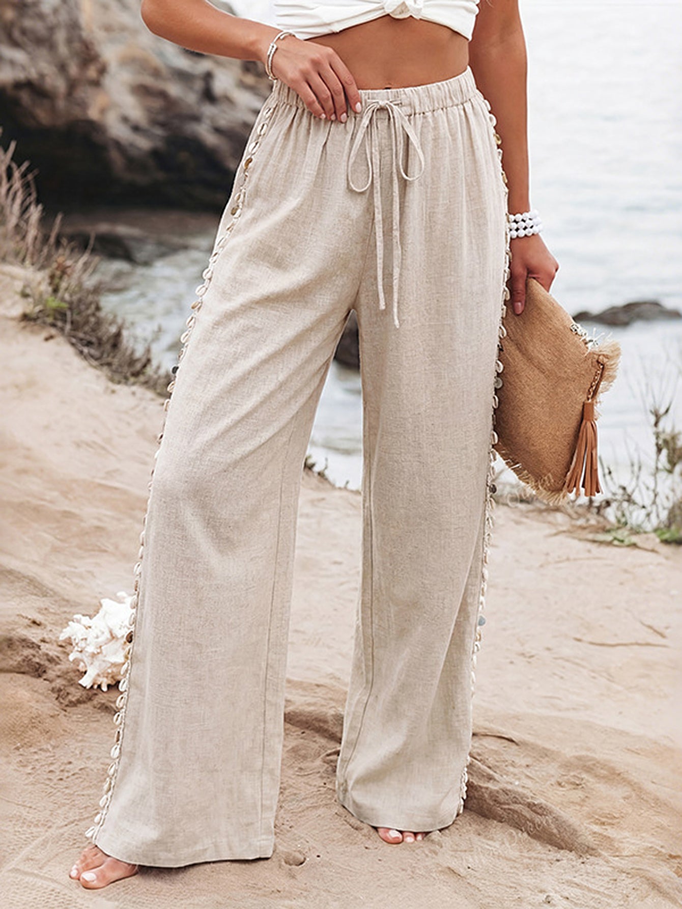 Drawstring Fringe Detail Beach Pants