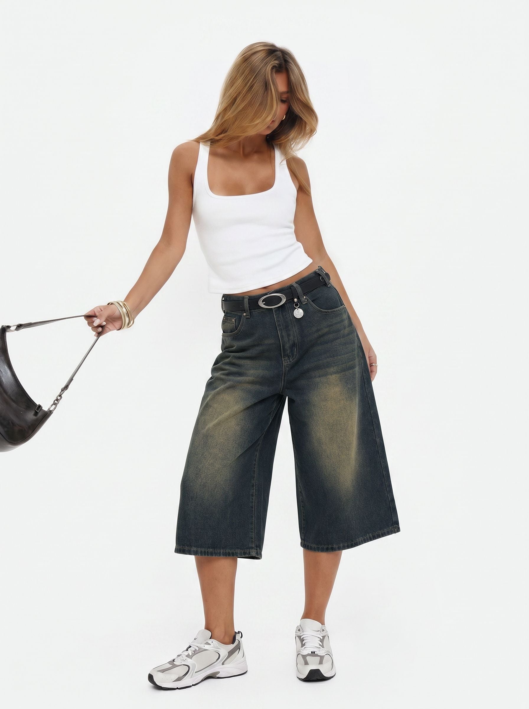 Vintage Wash Wide Leg Denim Shorts