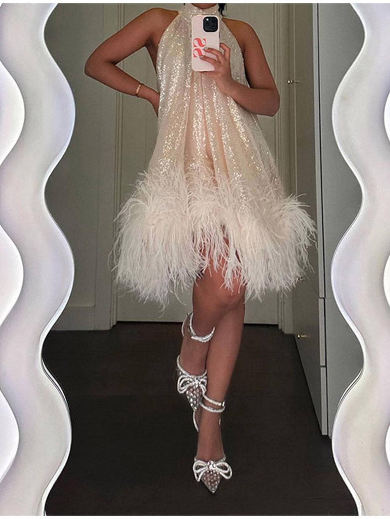 Sparkly Feather Trim Mini Dress