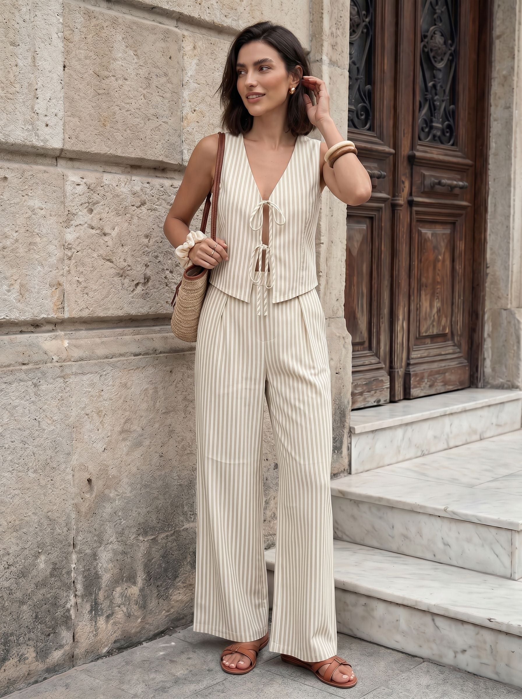Elegant Striped Tie Front Pant Set