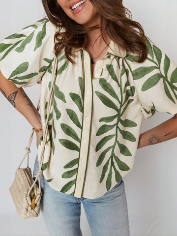 Leaf Print Puff Sleeve Shirt