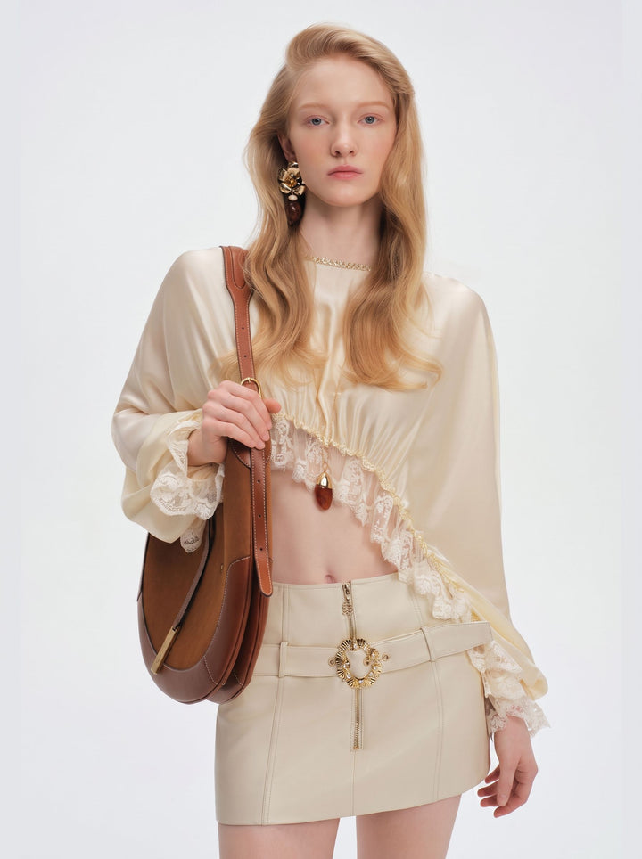 Lace Trim Cropped Satin Blouse