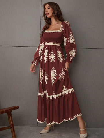 Embroidered Smocked Square Neck Maxi Dress
