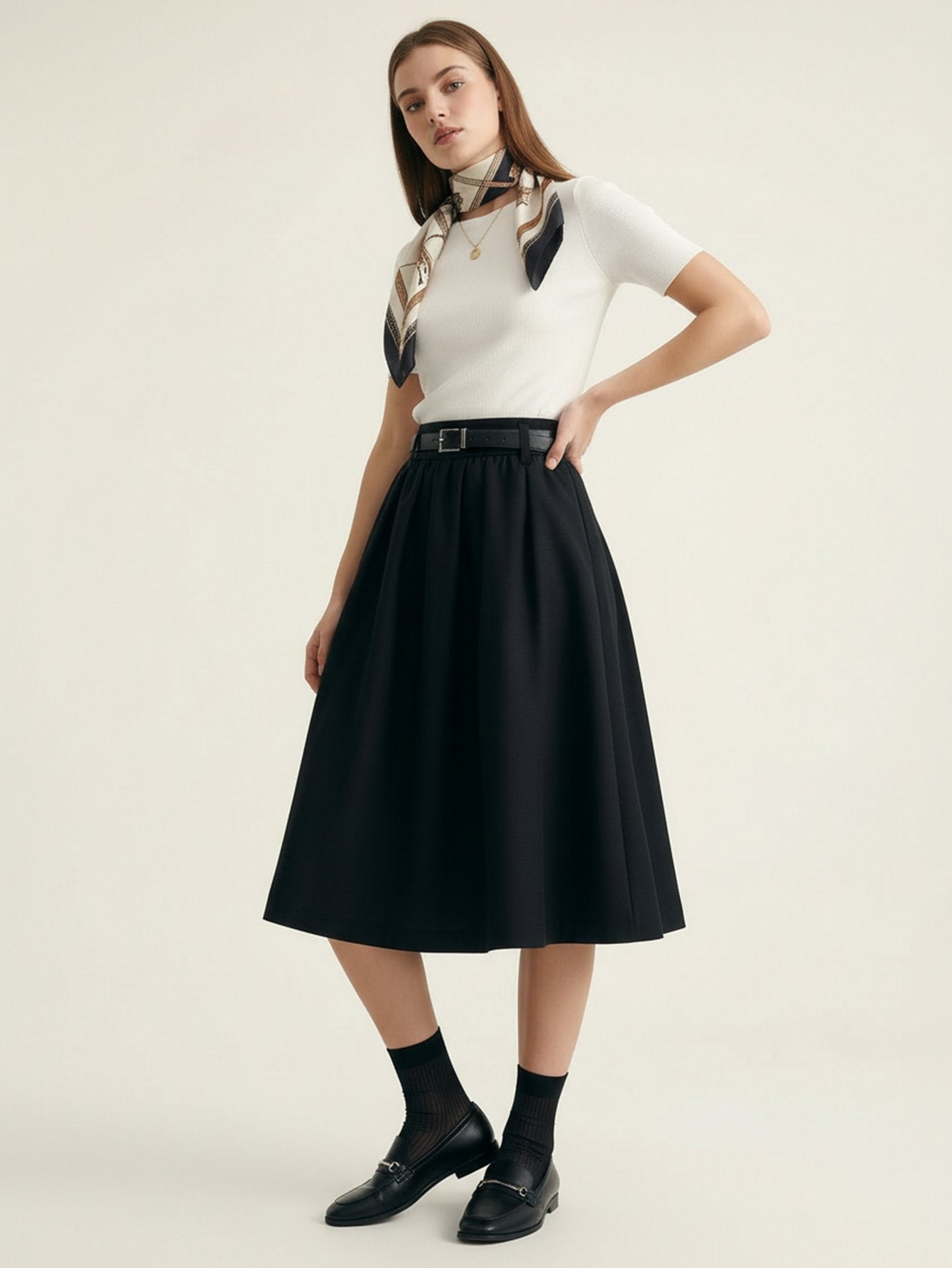 Included Belt Pleated Skirt