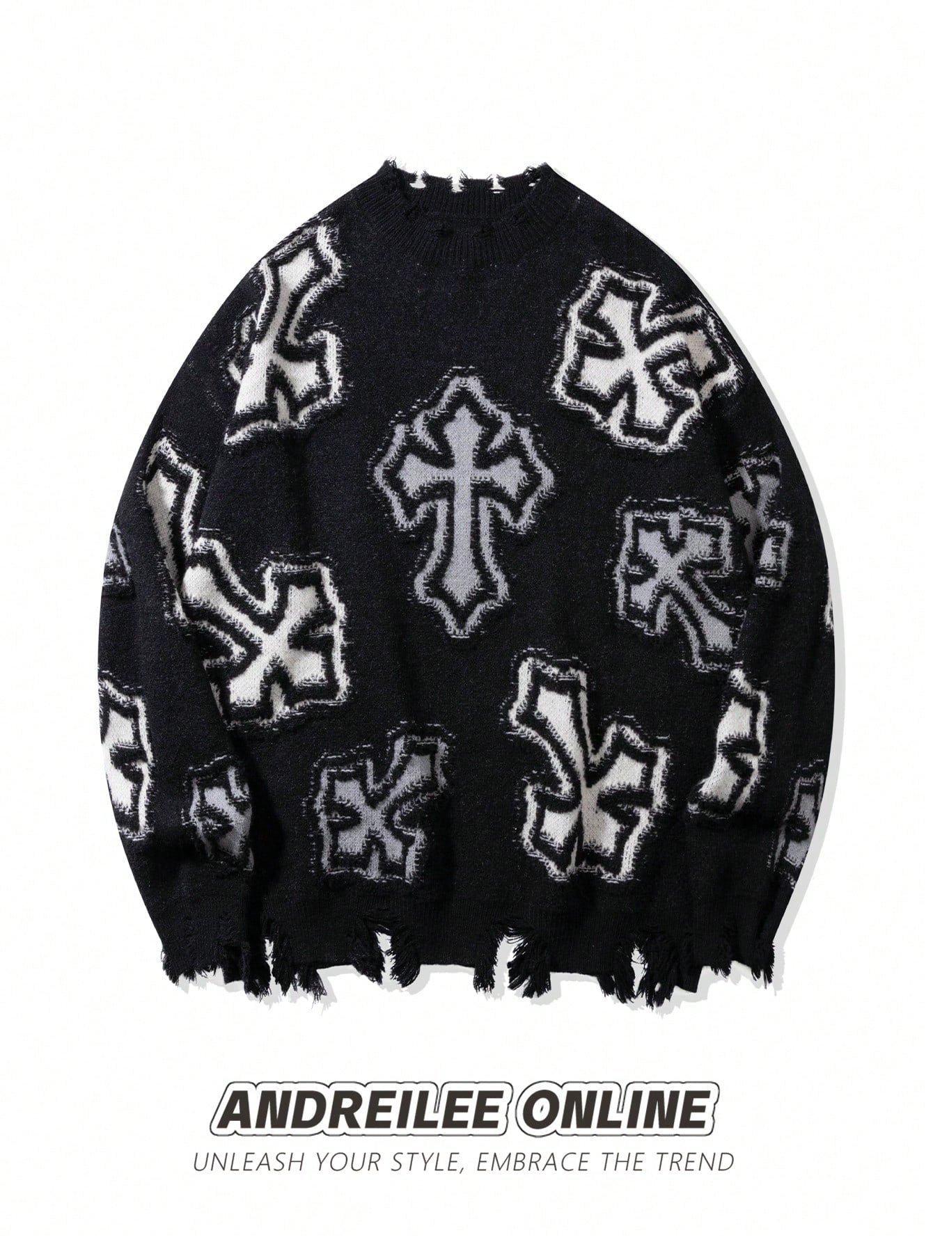 Distressed Grunge Cross Print Sweater