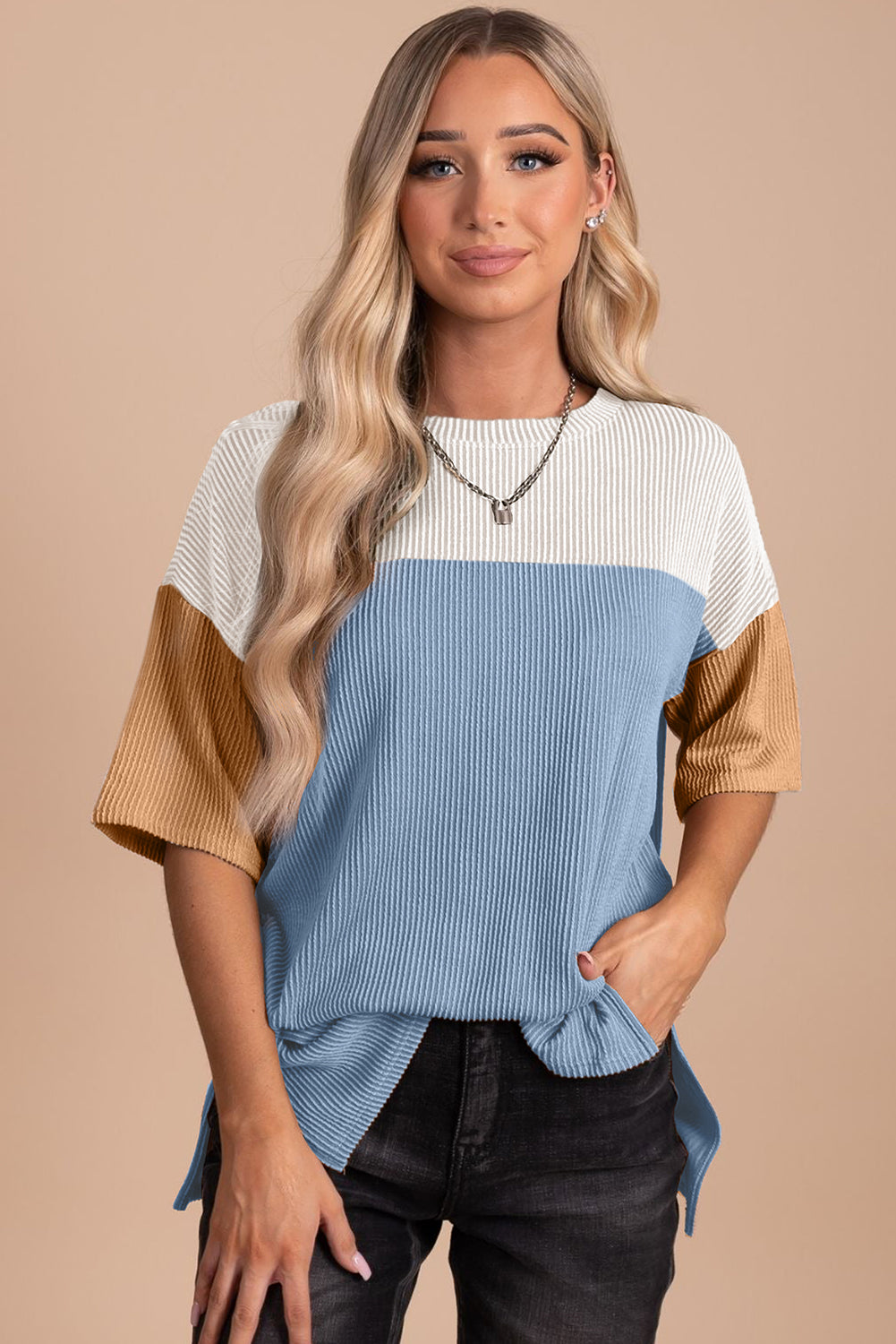 Colorblock Ribbed Knit Casual T-Shirt