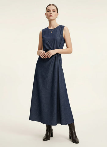 Urban Revivo Knot Front Sleeveless Denim Midi Dresses-Indigo