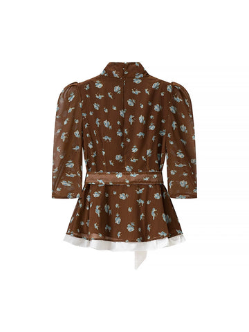Floral Belted Puff Sleeve Skirt Set