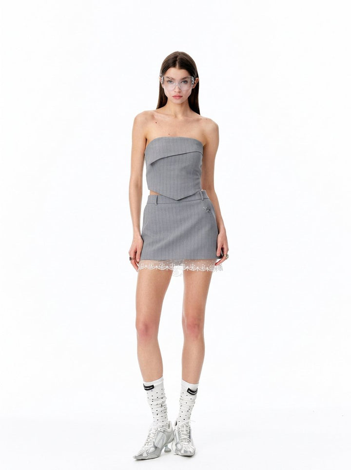 Pinstriped Lace Trim Mini Skirt