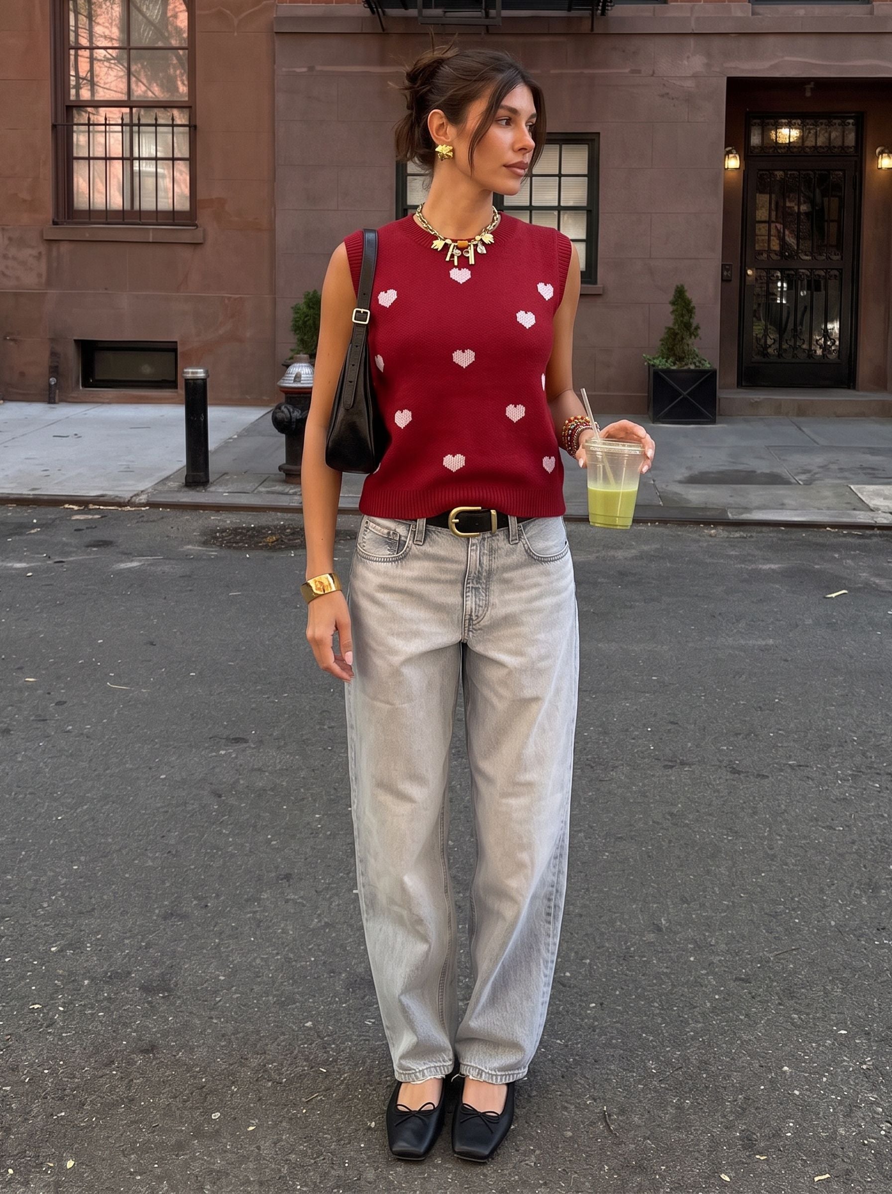 Heart Pattern Crewneck Knit Tank Top