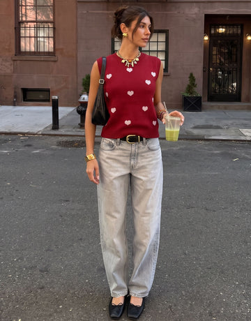 Heart Pattern Crewneck Knit Tank Top