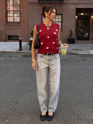 Heart Pattern Crewneck Knit Tank Top