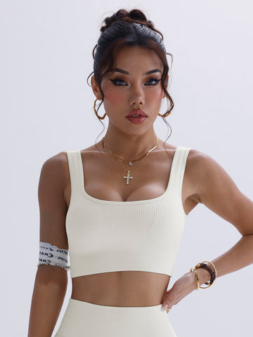 Square Neck Rib Knit Yoga Top-Multicolor