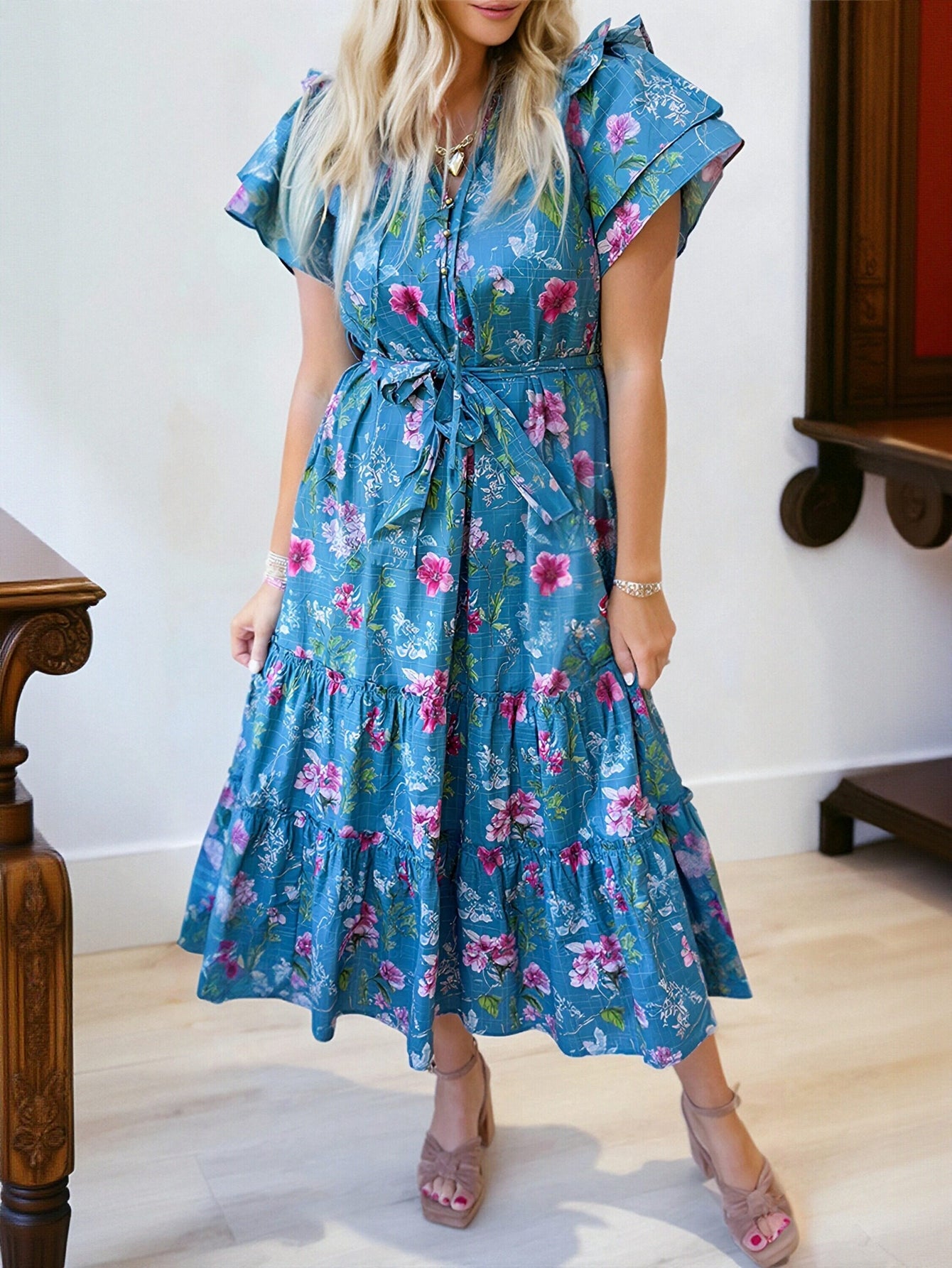 Floral Flutter Sleeve Tiered Midi Dress