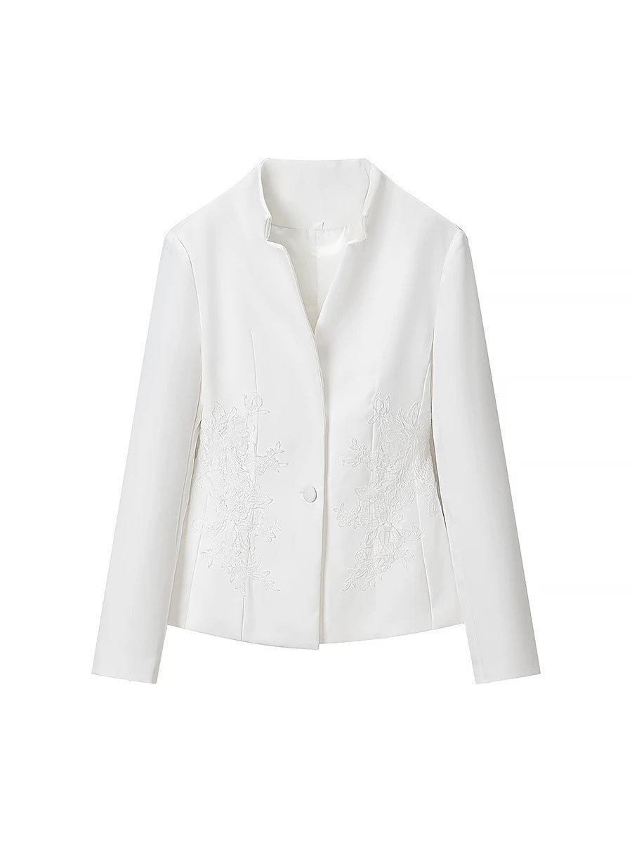 Elegant Floral Embroidered Stand Collar Blazer